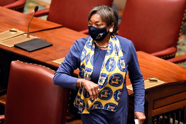 State Senate Majority Leader Andrea Stewart-Cousins stands in the capitol's legislative chamber wearing a mask on the first day of the 2021 legislative session in January.